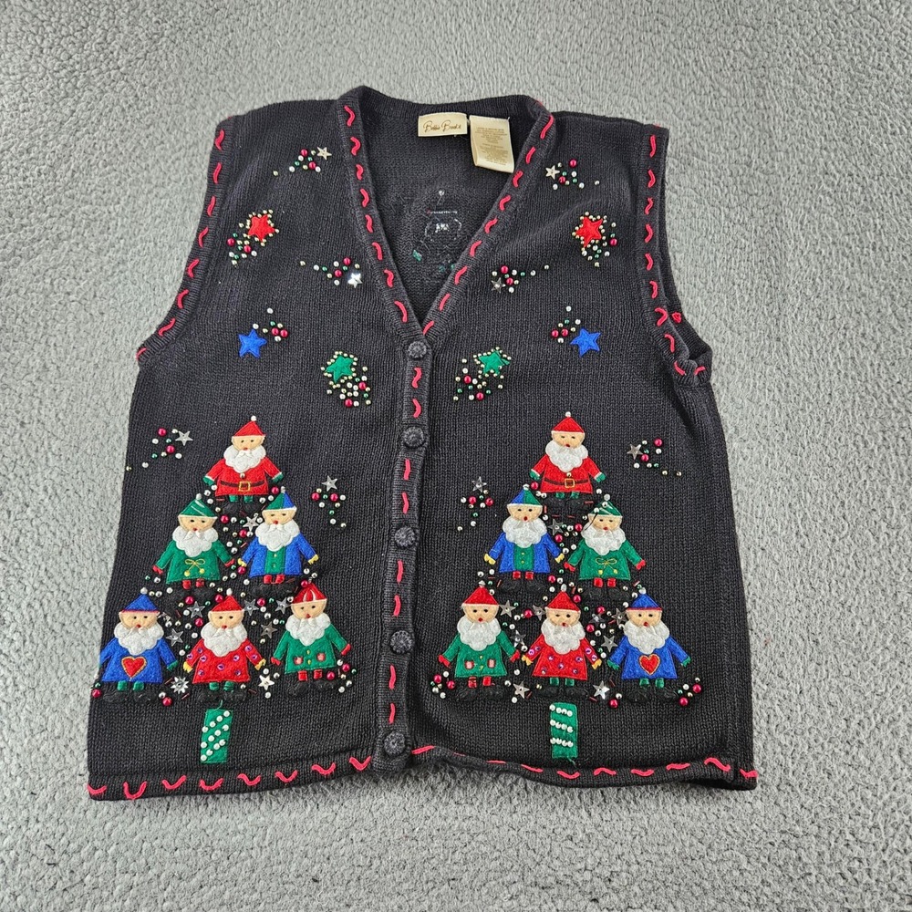 Bobbie Brooks Ugly Christmas Sweater Vest Womens Medium Black Knit Santa Beaded